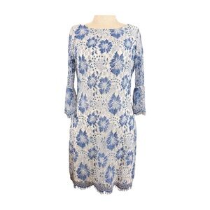 JESSICA HOWARD BLUE AND WHITE LACE FLORAL MIDI DRESS, SIZE 10